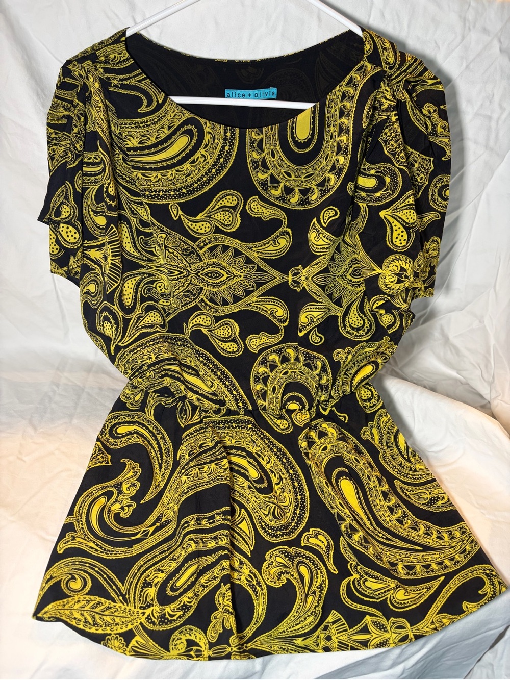 Alice + Olivia Black Top with Yellow Paisley Print
